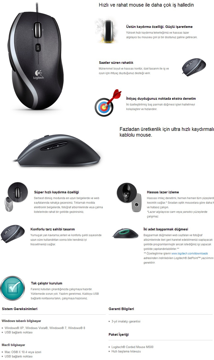 Supplement effektivt møde Logitech M500 Corded Siyah USB Mouse (910-003726), 910-003726